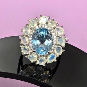 Natural Blue Topaz  &Fire Opal Gemstone 925 Sterling Silver